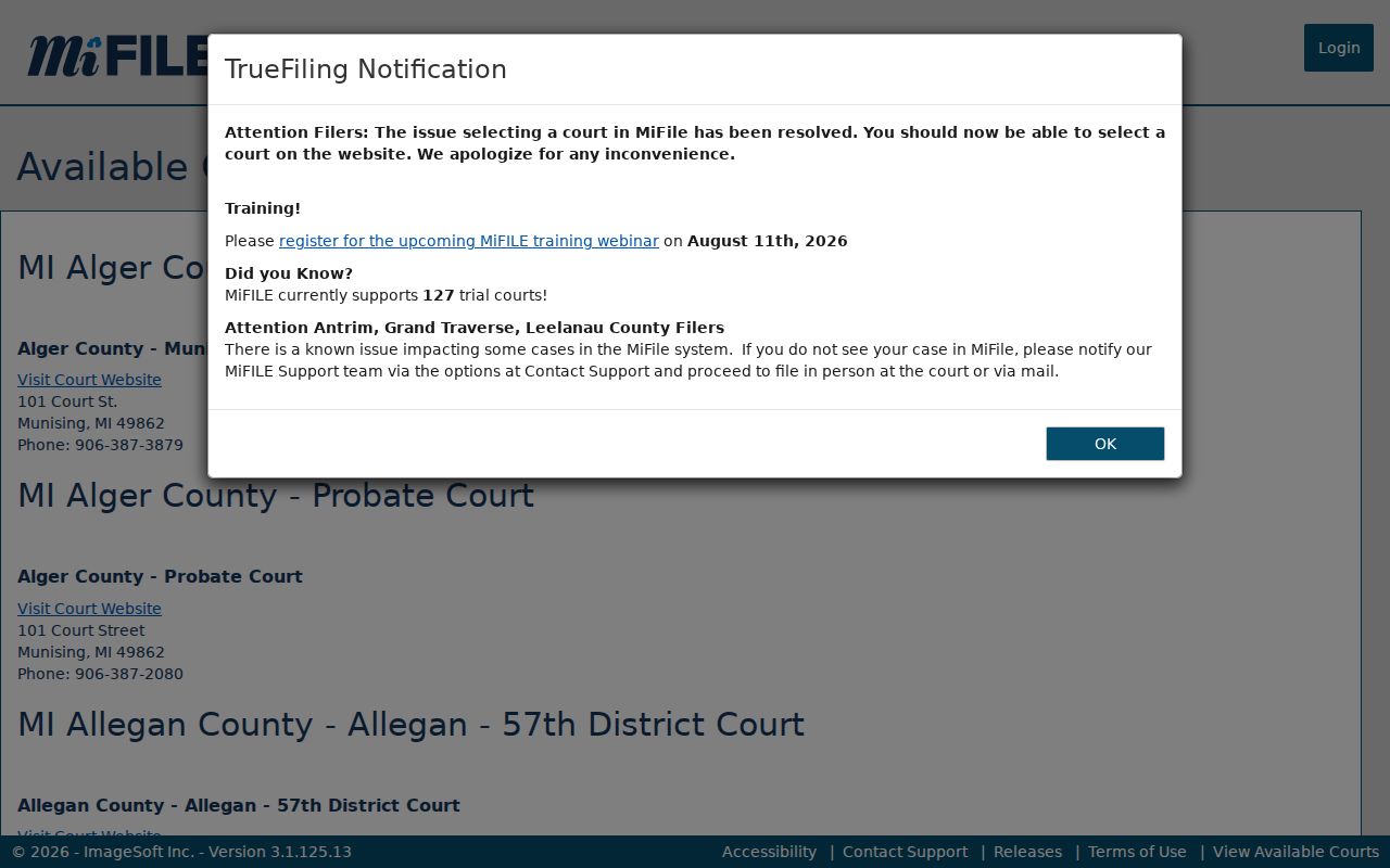 Arenac County case search MiFILE TrueFiling available courts