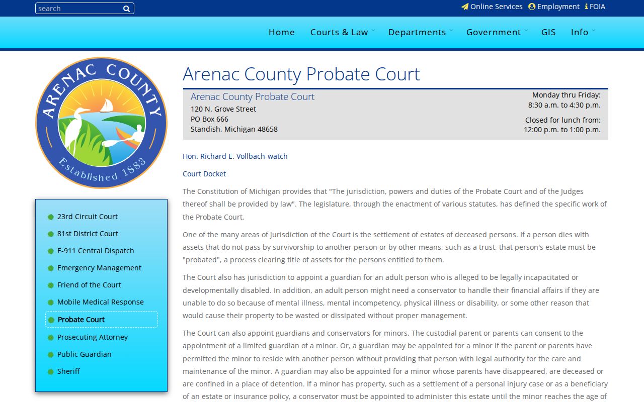 Arenac County civil docket Probate Court record route