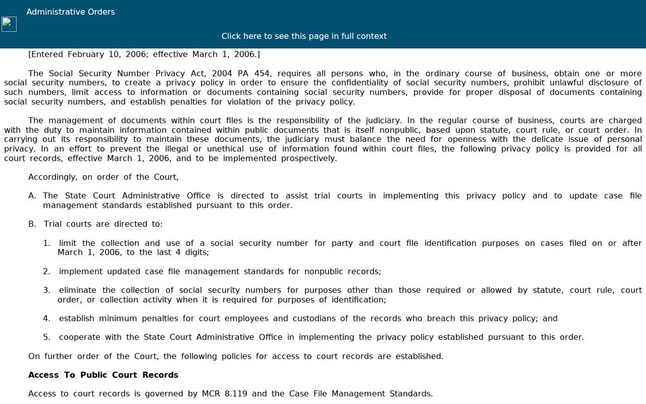 Arenac County court records source image for Michigan privacy and access order