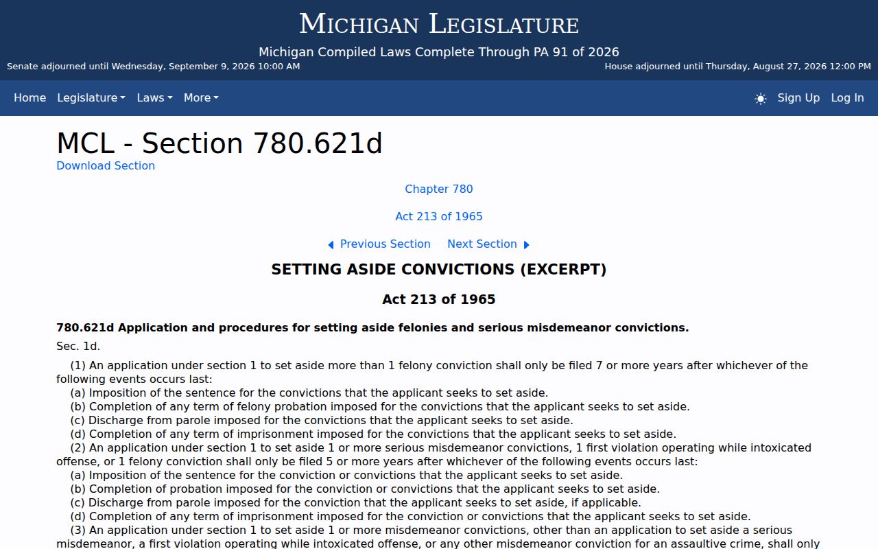 Arenac County criminal docket conviction set-aside law